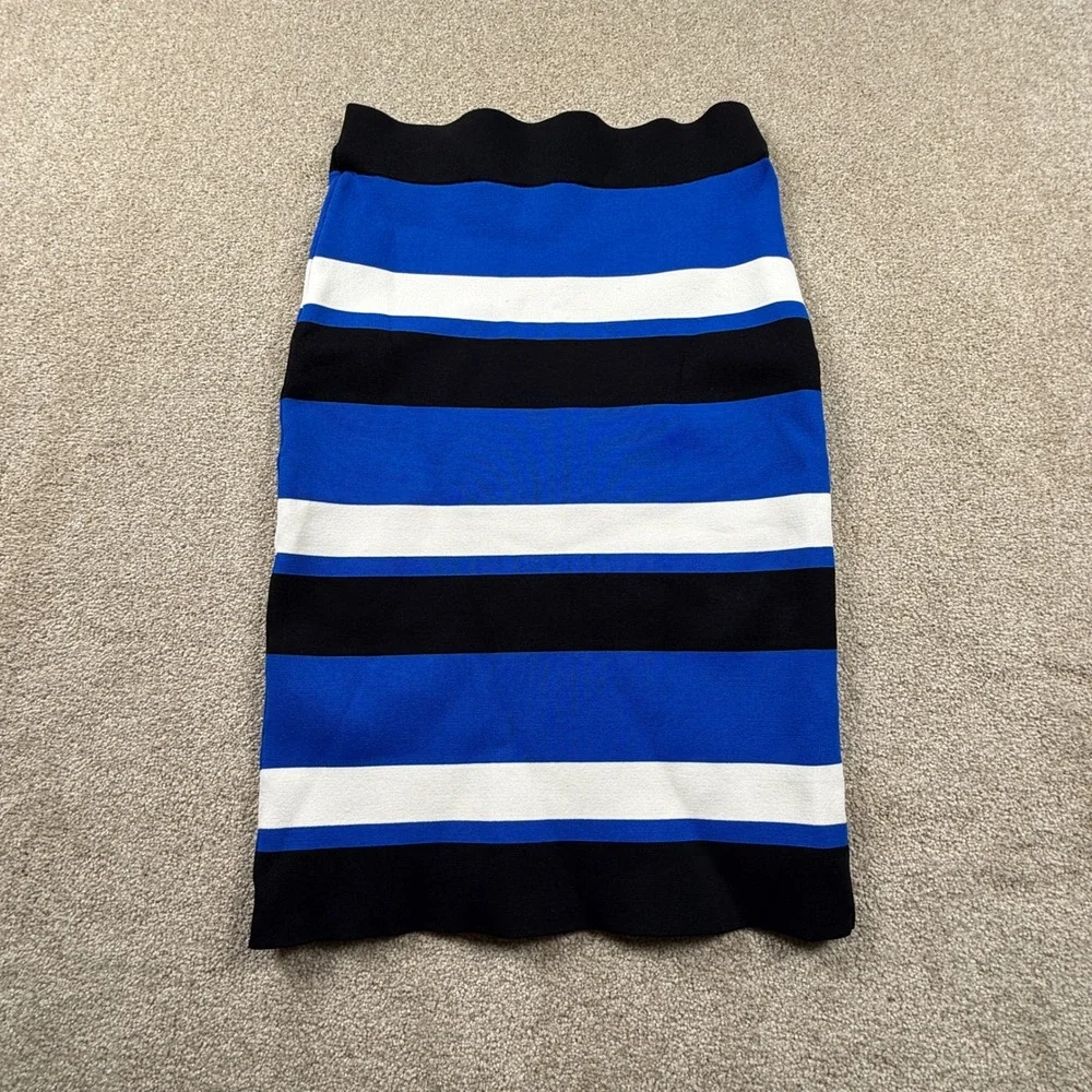 BCBGMAXAZRIA Womens M Blue Striped Pencil Skirt Bandage Bodycon Knit Knee Length